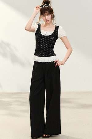 Polka Dot Lace Trim Puff Sleeve Top