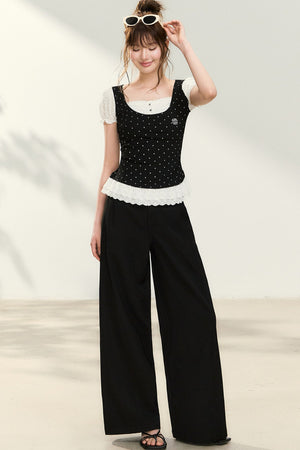 Polka Dot Lace Trim Puff Sleeve Top
