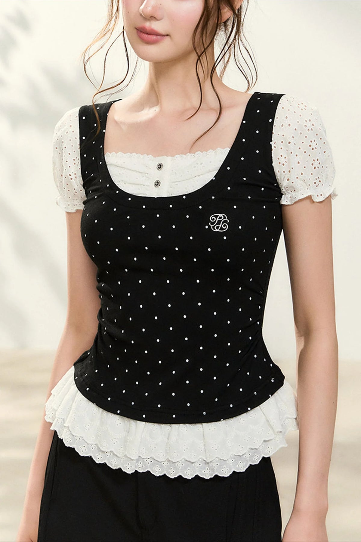 Polka Dot Lace Trim Puff Sleeve Top