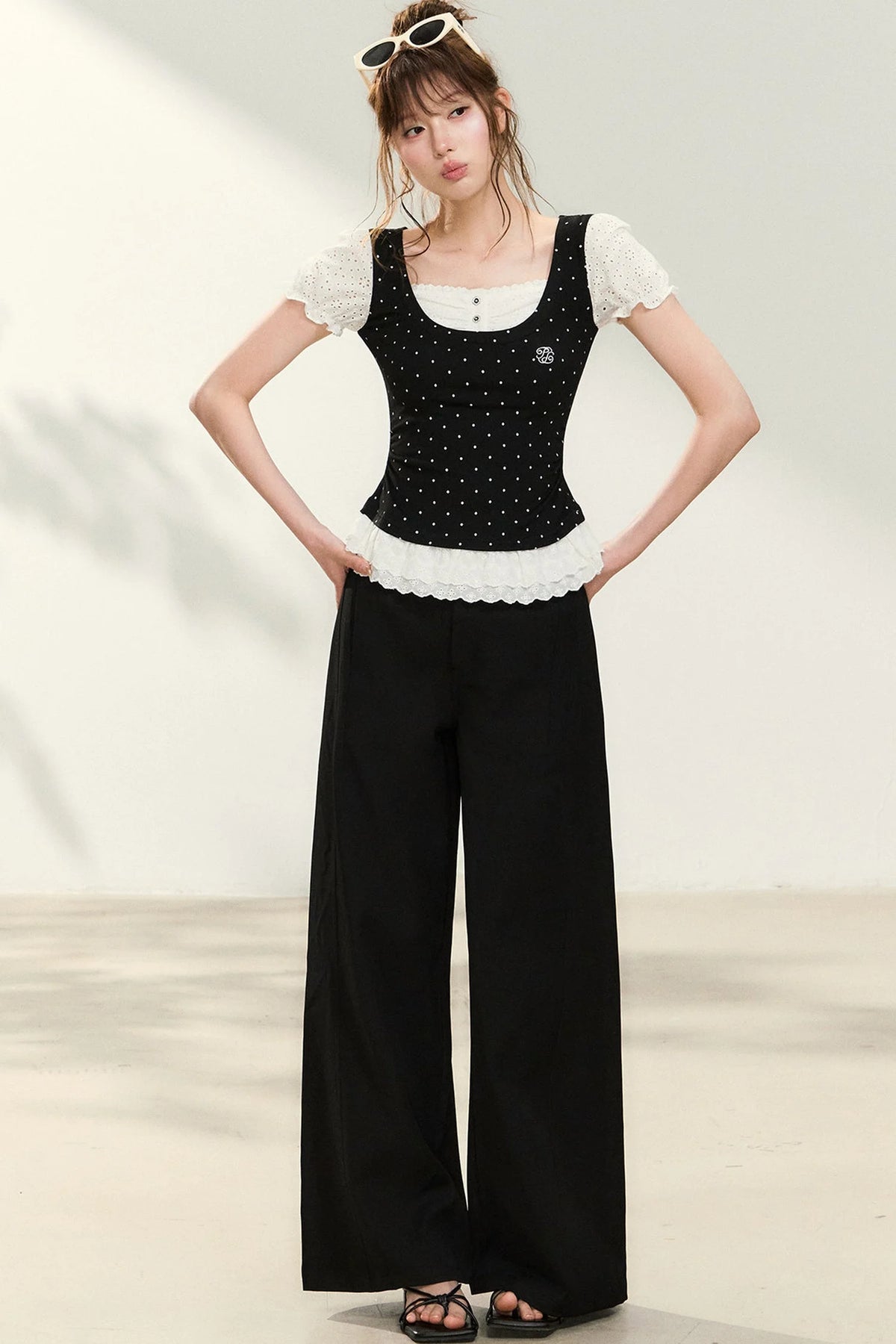 Polka Dot Lace Trim Puff Sleeve Top