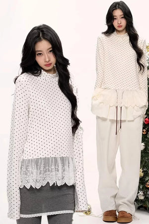 Polka Dot Lace Turtleneck Top