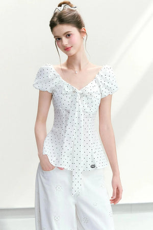 Polka Dot Lace-Up Blouse
