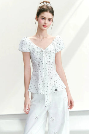 Polka Dot Lace-Up Blouse