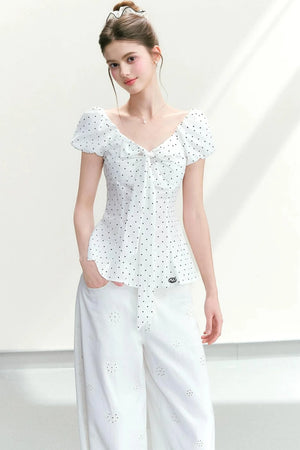 Polka Dot Lace-Up Blouse