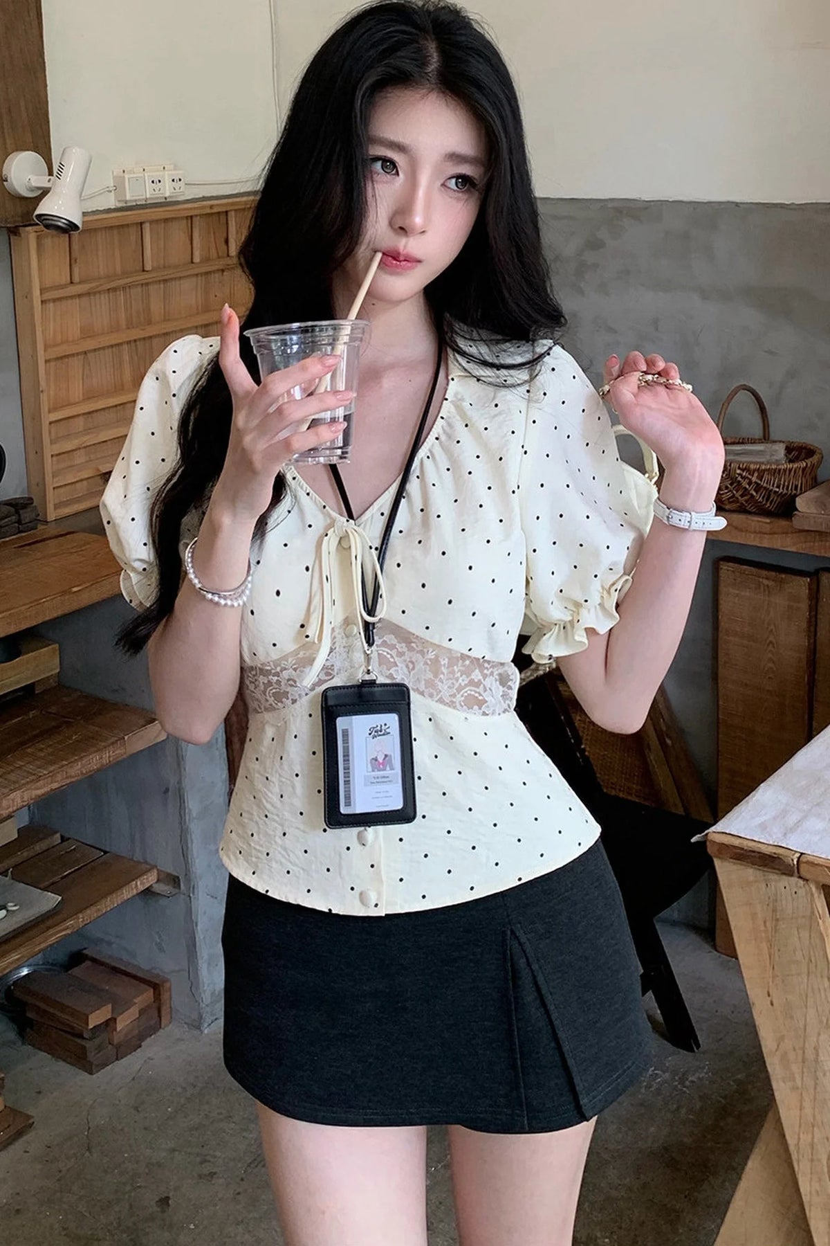 Polka Dot Lace V-Neck Blouse
