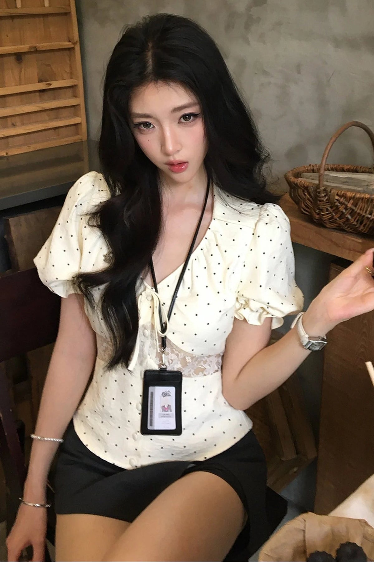 Polka Dot Lace V-Neck Blouse