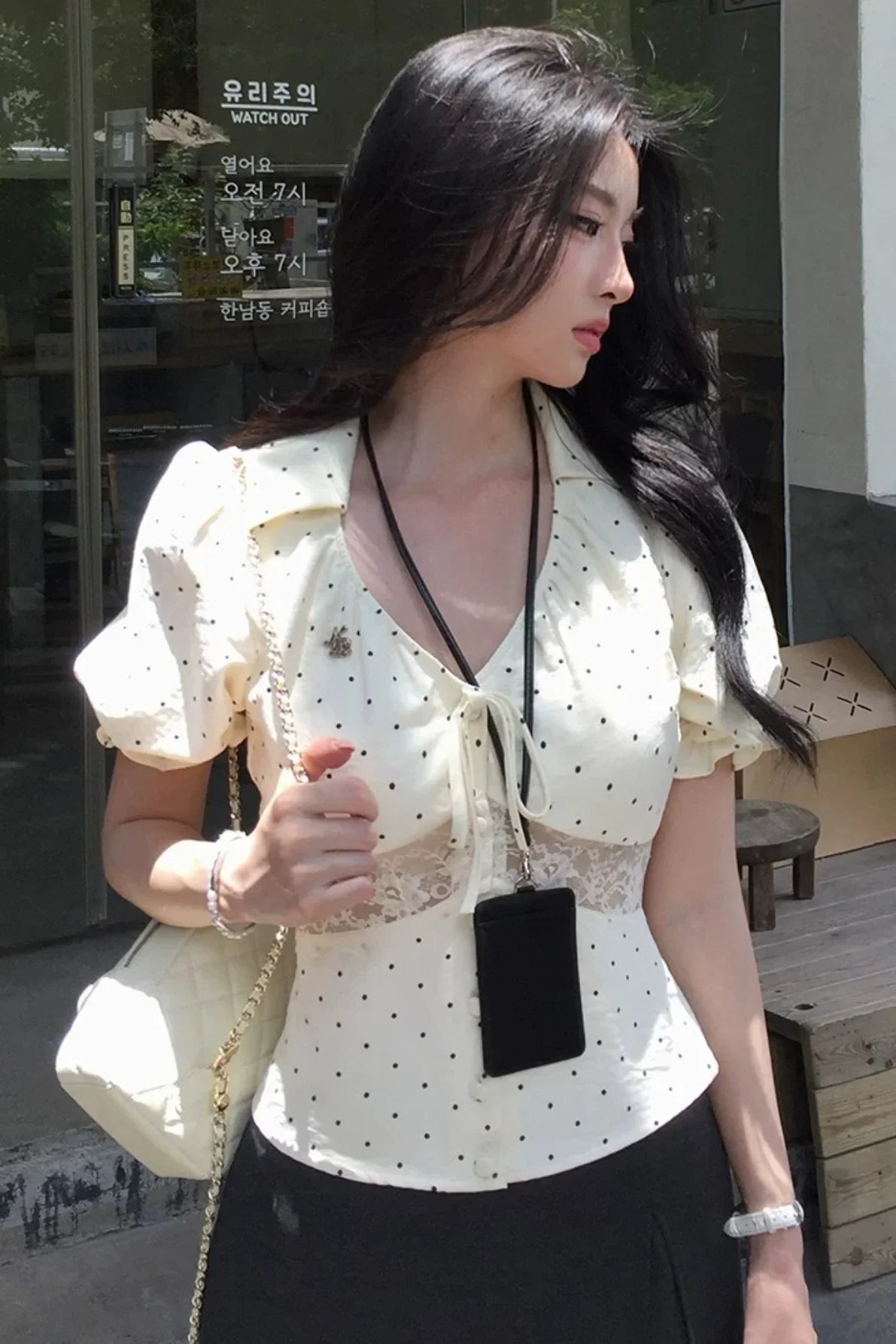 Polka Dot Lace V-Neck Blouse