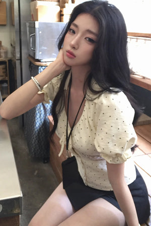 Polka Dot Lace V-Neck Blouse