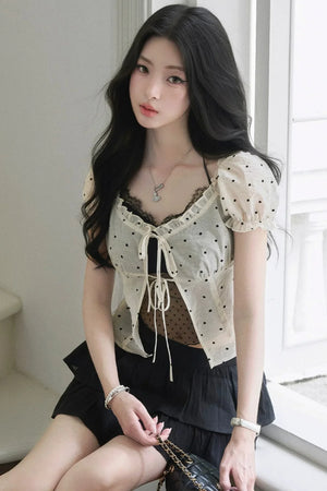 Polka Dot Mesh Puff Blouse