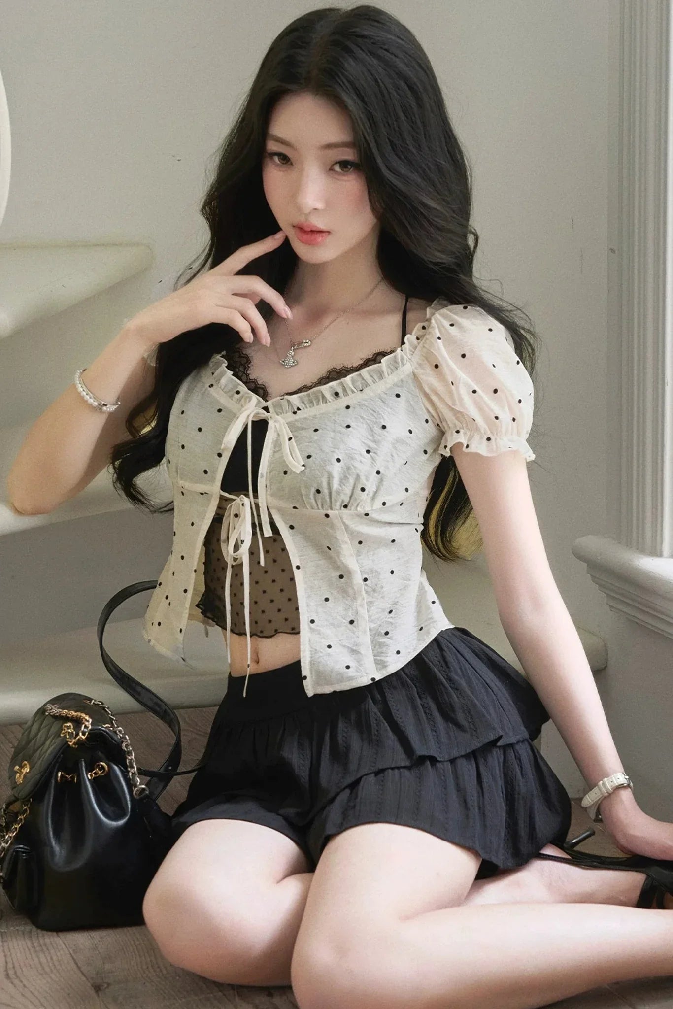 Polka Dot Mesh Puff Blouse