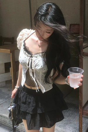 Polka Dot Mesh Puff Blouse
