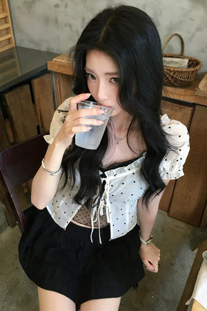 Polka Dot Mesh Puff Blouse