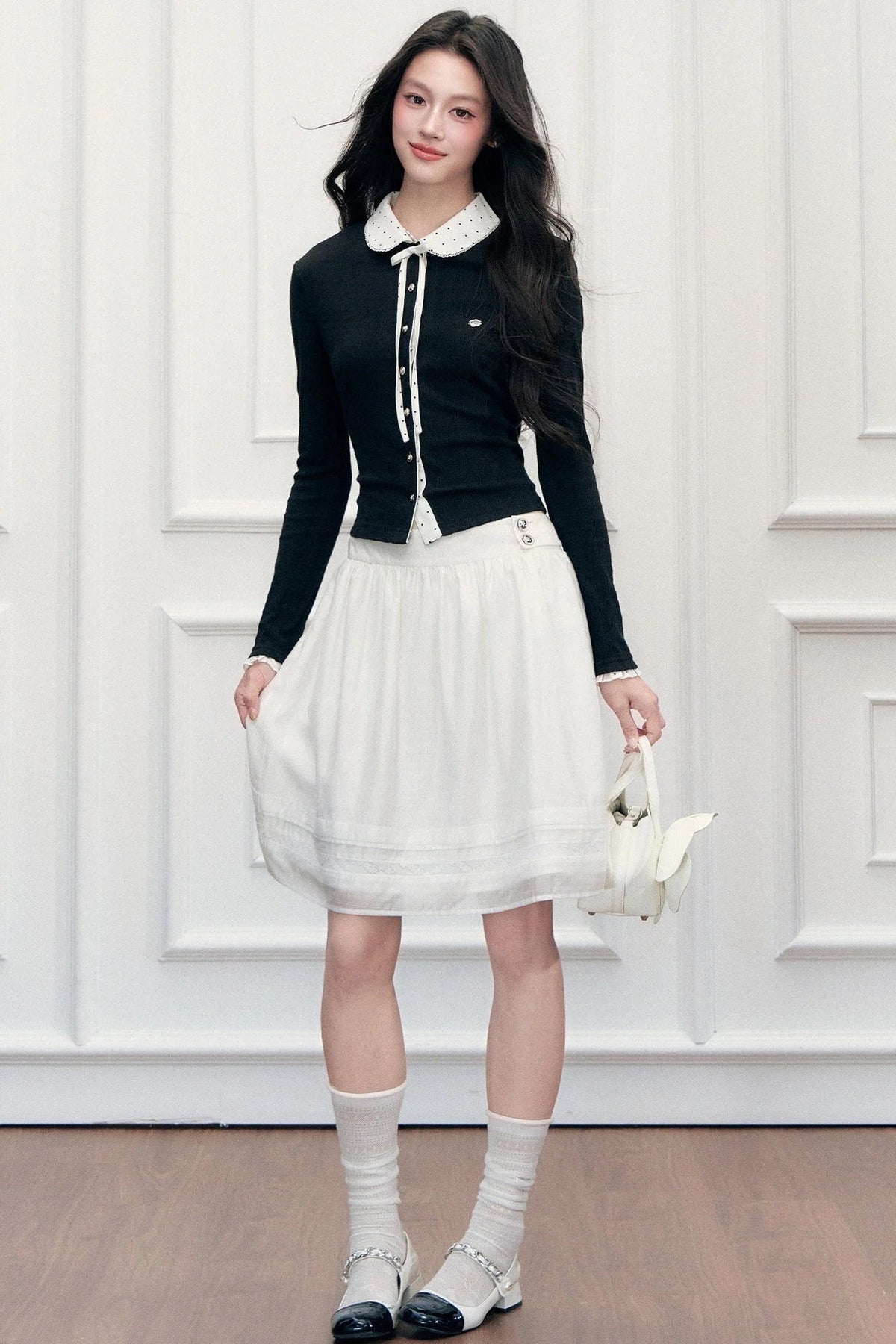Polka Dot Patchwork Long Sleeve Knit Top and Skirt Set-Up