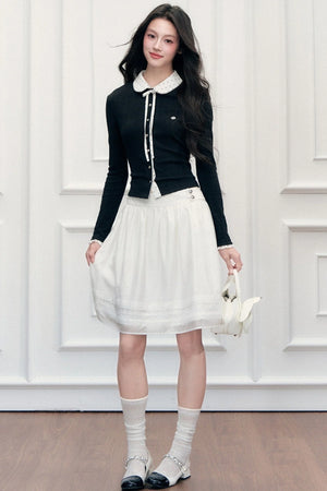 Polka Dot Patchwork Long Sleeve Knit Top and Skirt Set-Up