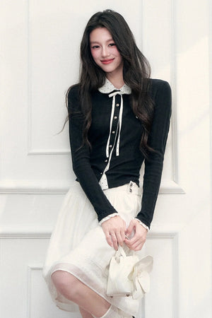 Polka Dot Patchwork Long Sleeve Knit Top and Skirt Set-Up