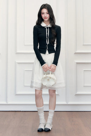 Polka Dot Patchwork Long Sleeve Knit Top and Skirt Set-Up