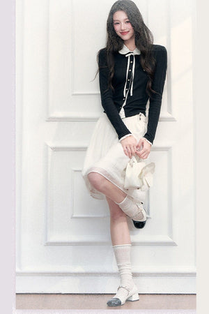 Polka Dot Patchwork Long Sleeve Knit Top and Skirt Set-Up