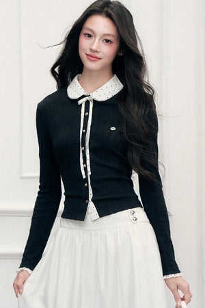 Polka Dot Patchwork Long Sleeve Knit Top and Skirt Set-Up