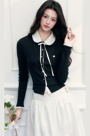 Polka Dot Patchwork Long Sleeve Knit Top and Skirt Set-Up