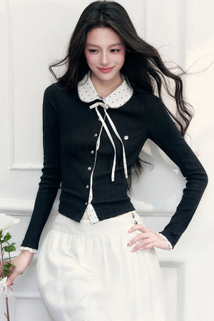 Polka Dot Patchwork Long Sleeve Knit Top and Skirt Set-Up