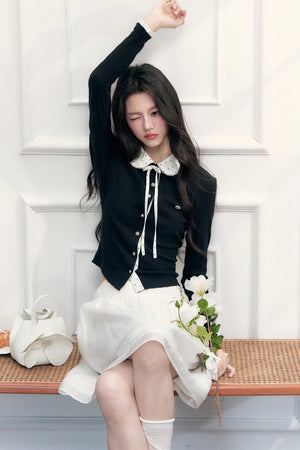 Polka Dot Patchwork Long Sleeve Knit Top and Skirt Set-Up