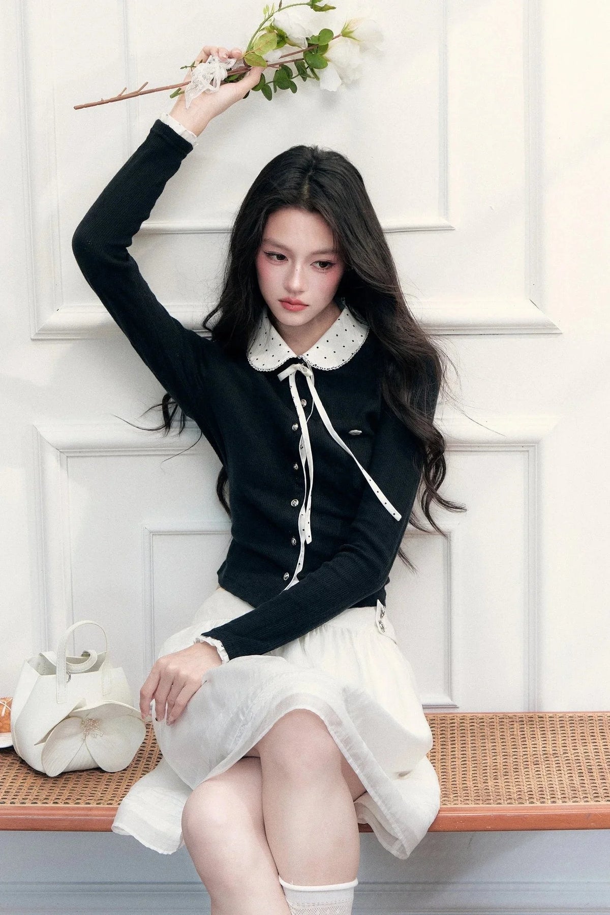 Polka Dot Patchwork Long Sleeve Knit Top and Skirt Set-Up