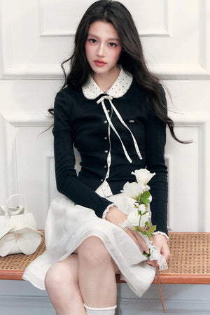 Polka Dot Patchwork Long Sleeve Knit Top and Skirt Set-Up