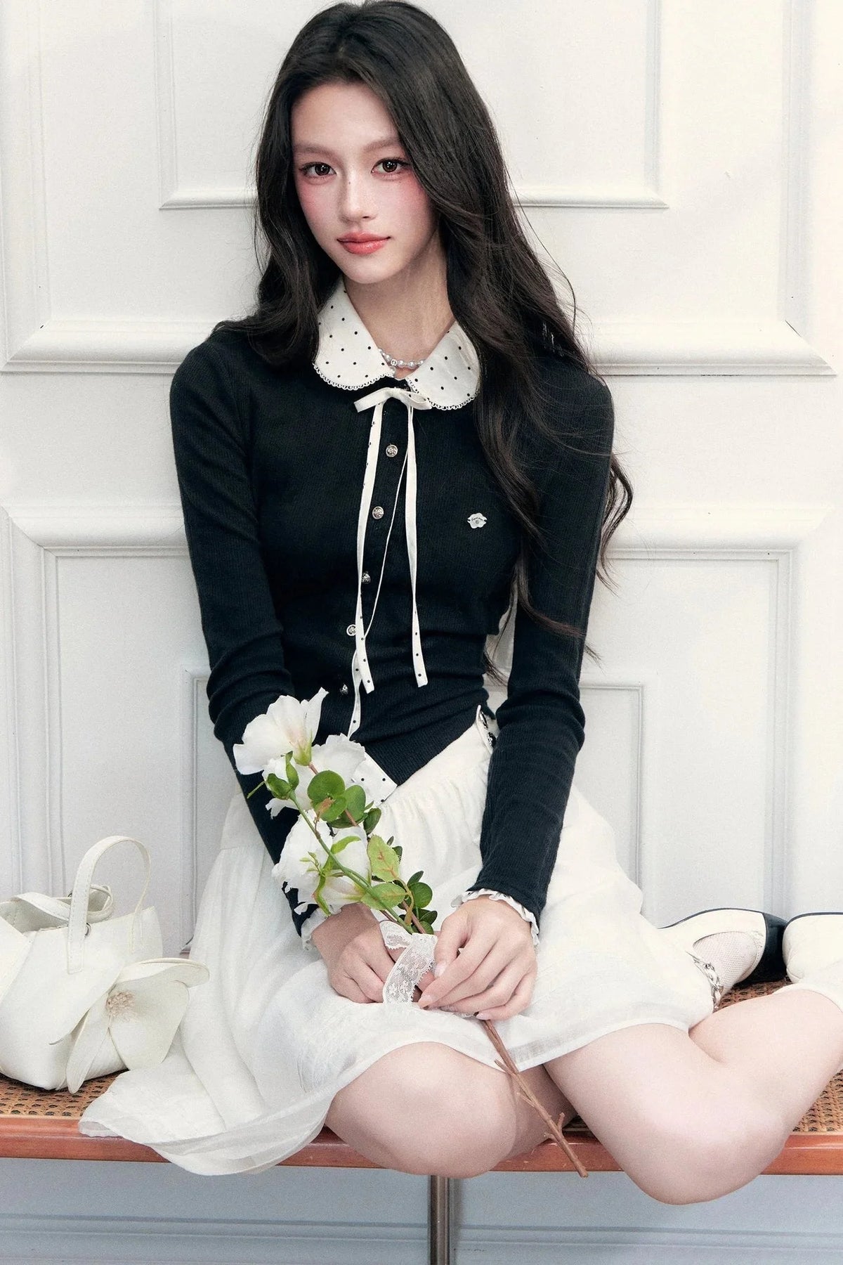 Polka Dot Patchwork Long Sleeve Knit Top and Skirt Set-Up