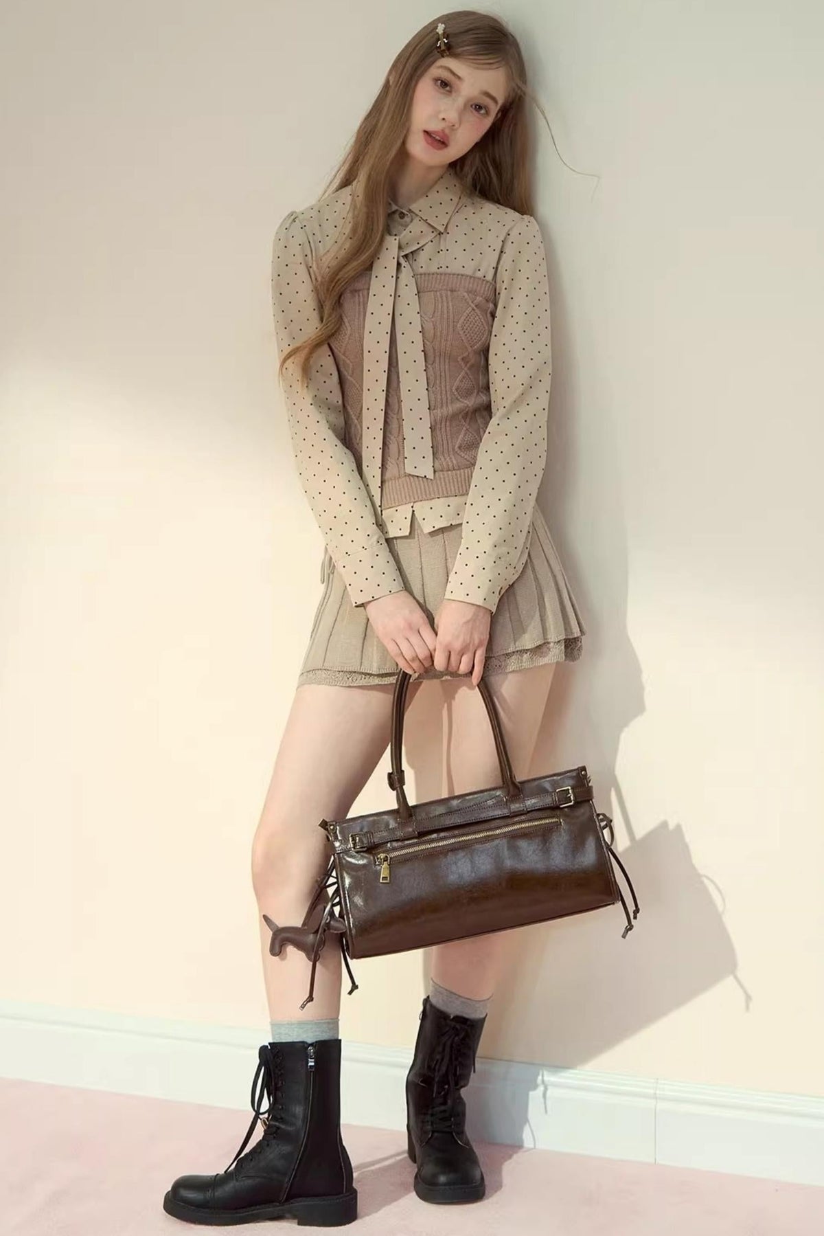 Polka Dot Patchwork Shirt And Skirt Set-Up