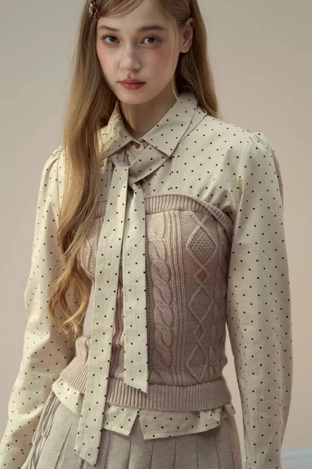 Polka Dot Patchwork Shirt And Skirt Set-Up