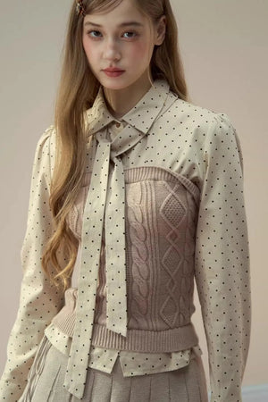 Polka Dot Patchwork Shirt And Skirt Set-Up