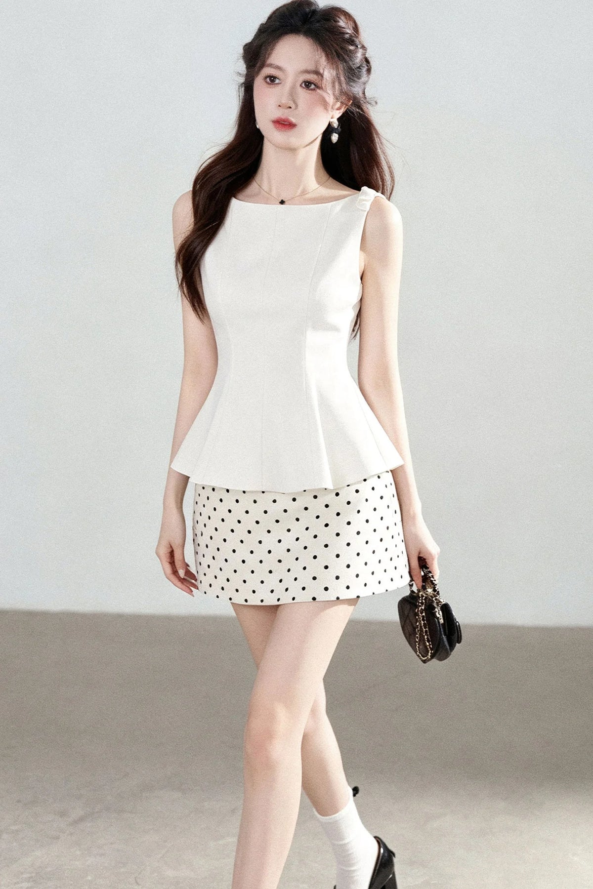 Polka Dot Peplum Shirt Top and Skirt Set-Up