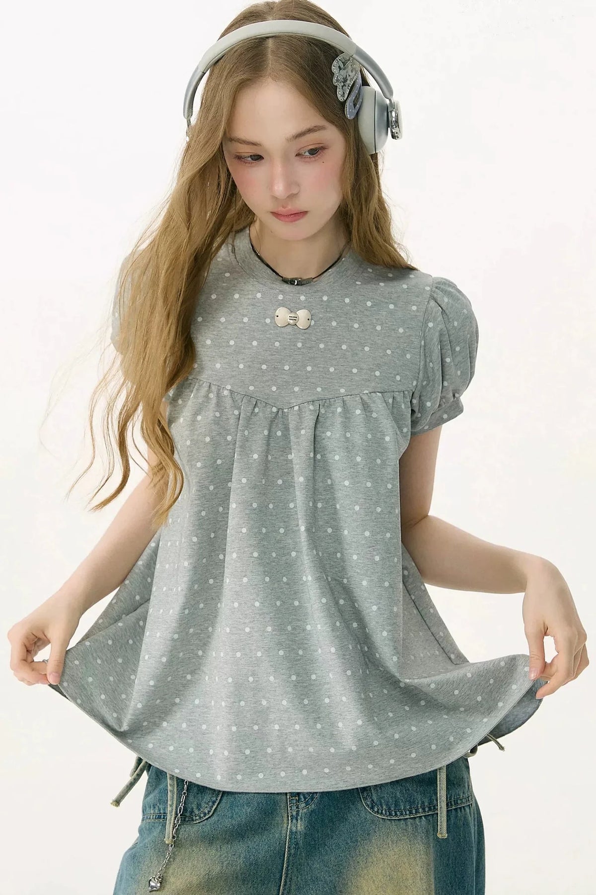 Polka Dot Puff Sleeve T-Shirt
