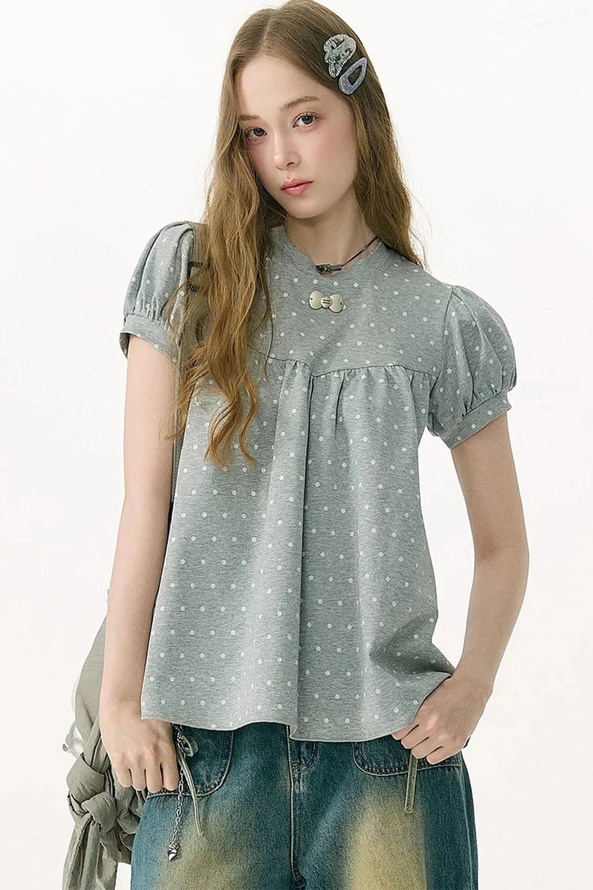 Polka Dot Puff Sleeve T-Shirt
