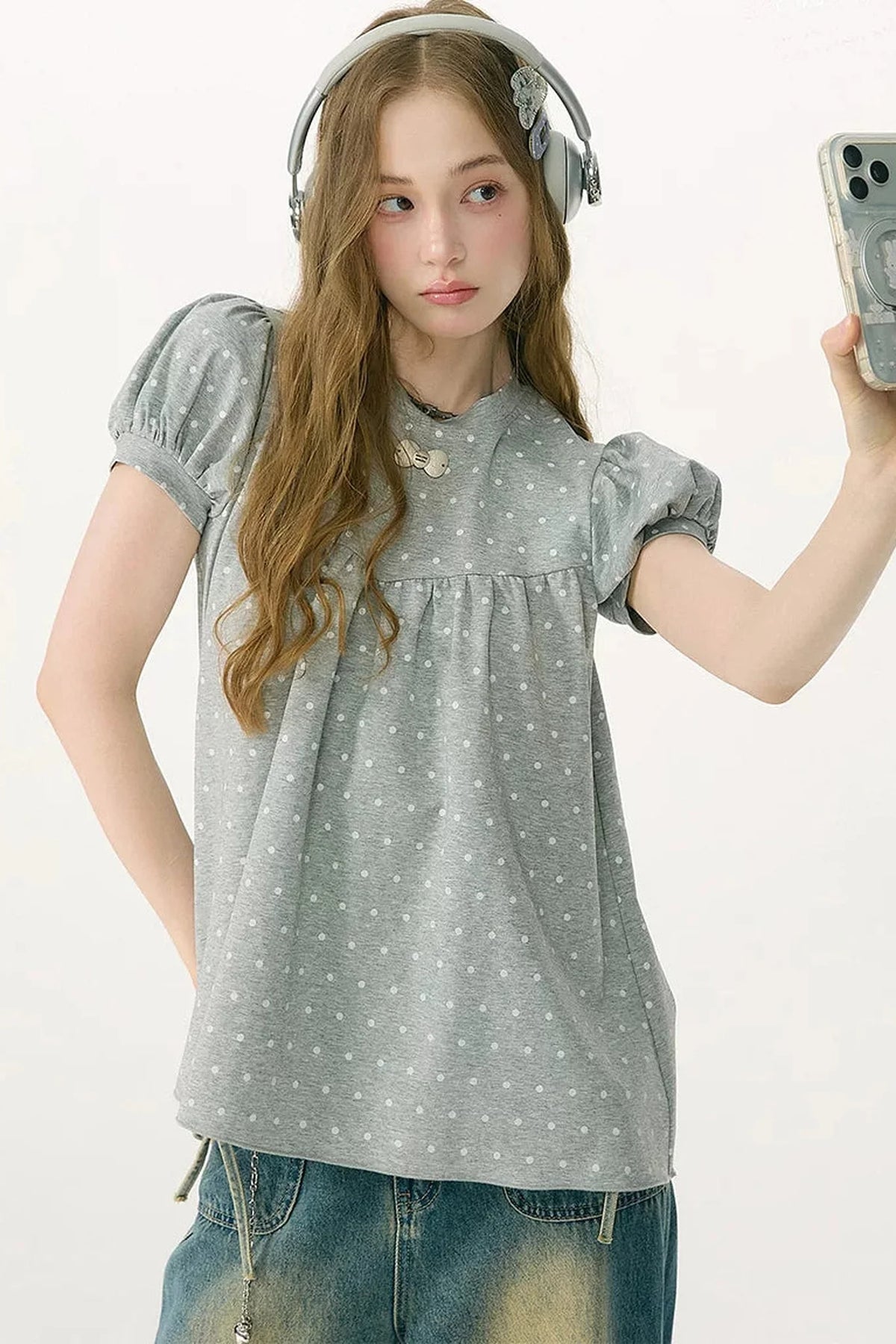 Polka Dot Puff Sleeve T-Shirt