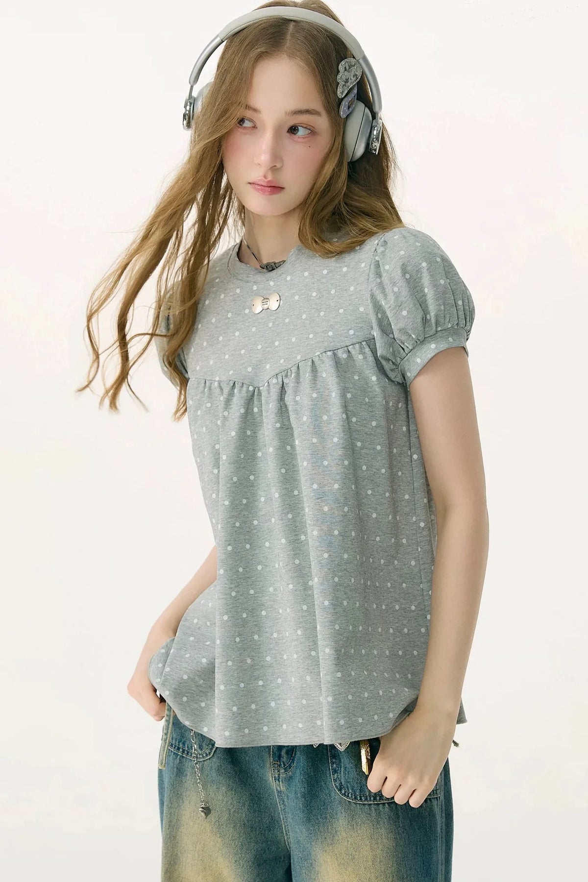 Polka Dot Puff Sleeve T-Shirt