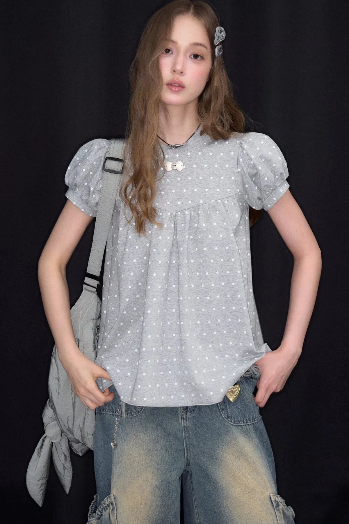 Polka Dot Puff Sleeve T-Shirt