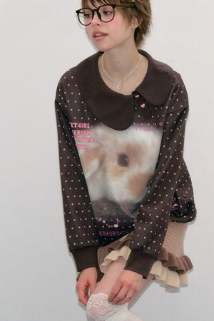 Polka Dot Rabbit Print Doll Collar Sweatshirt