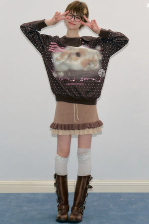 Polka Dot Rabbit Print Doll Collar Sweatshirt