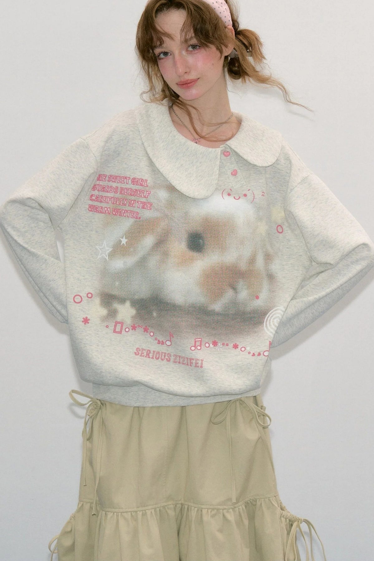 Polka Dot Rabbit Print Doll Collar Sweatshirt