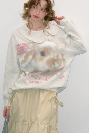 Polka Dot Rabbit Print Doll Collar Sweatshirt