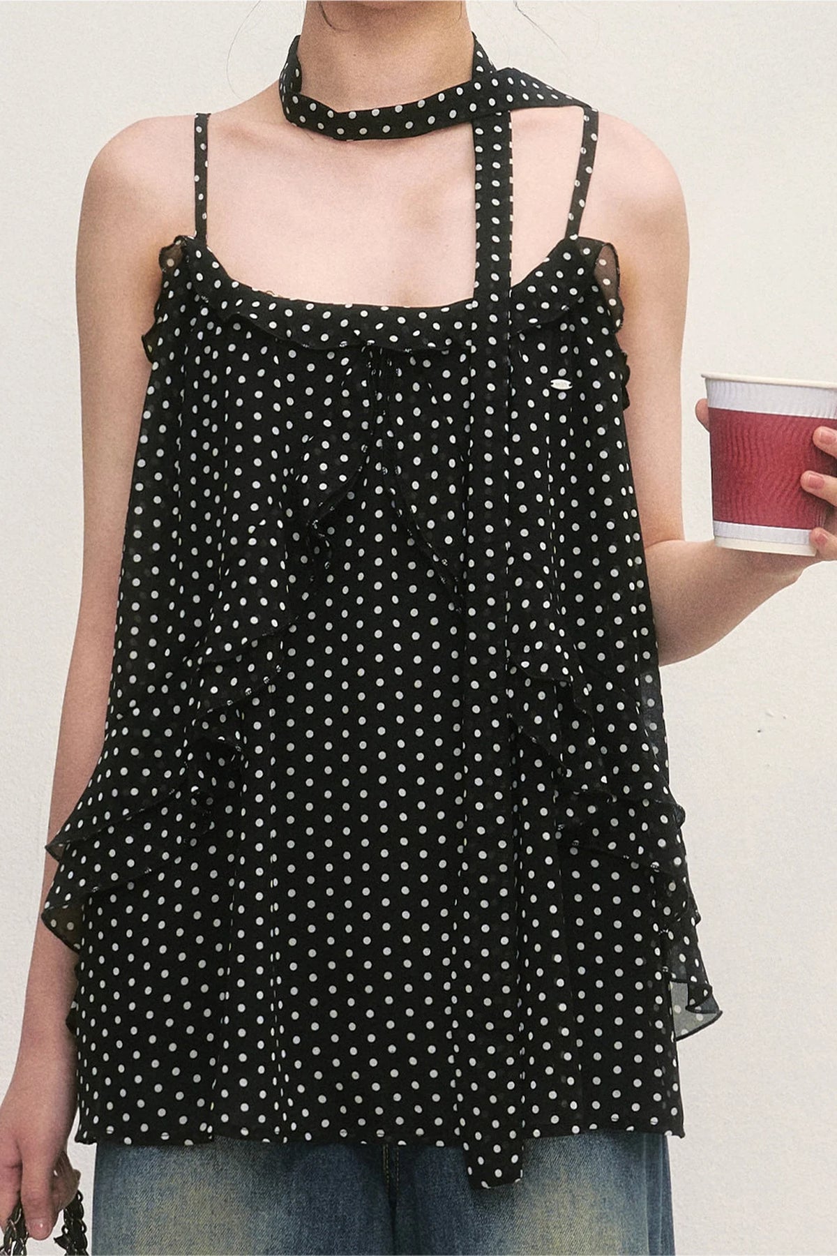 Polka Dot Ruffled Chiffon Camisole