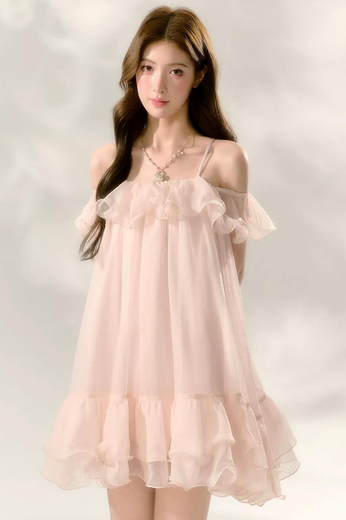 Polka Dot Ruffled Off-Shoulder Strap Mesh Dress