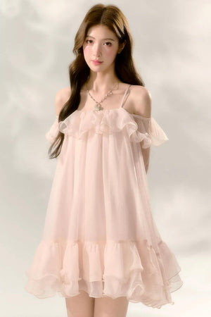 Polka Dot Ruffled Off-Shoulder Strap Mesh Dress