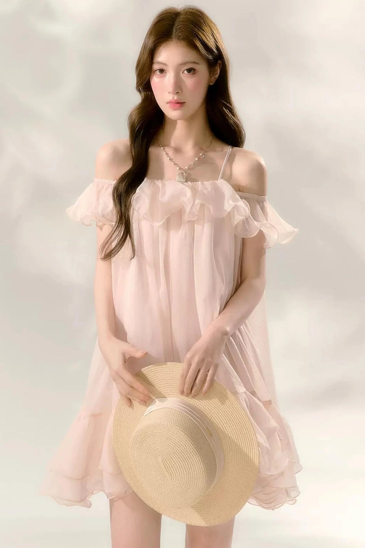 Polka Dot Ruffled Off-Shoulder Strap Mesh Dress