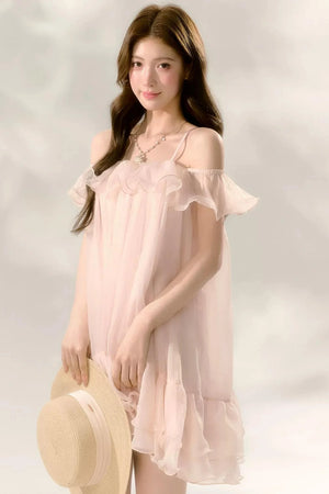 Polka Dot Ruffled Off-Shoulder Strap Mesh Dress
