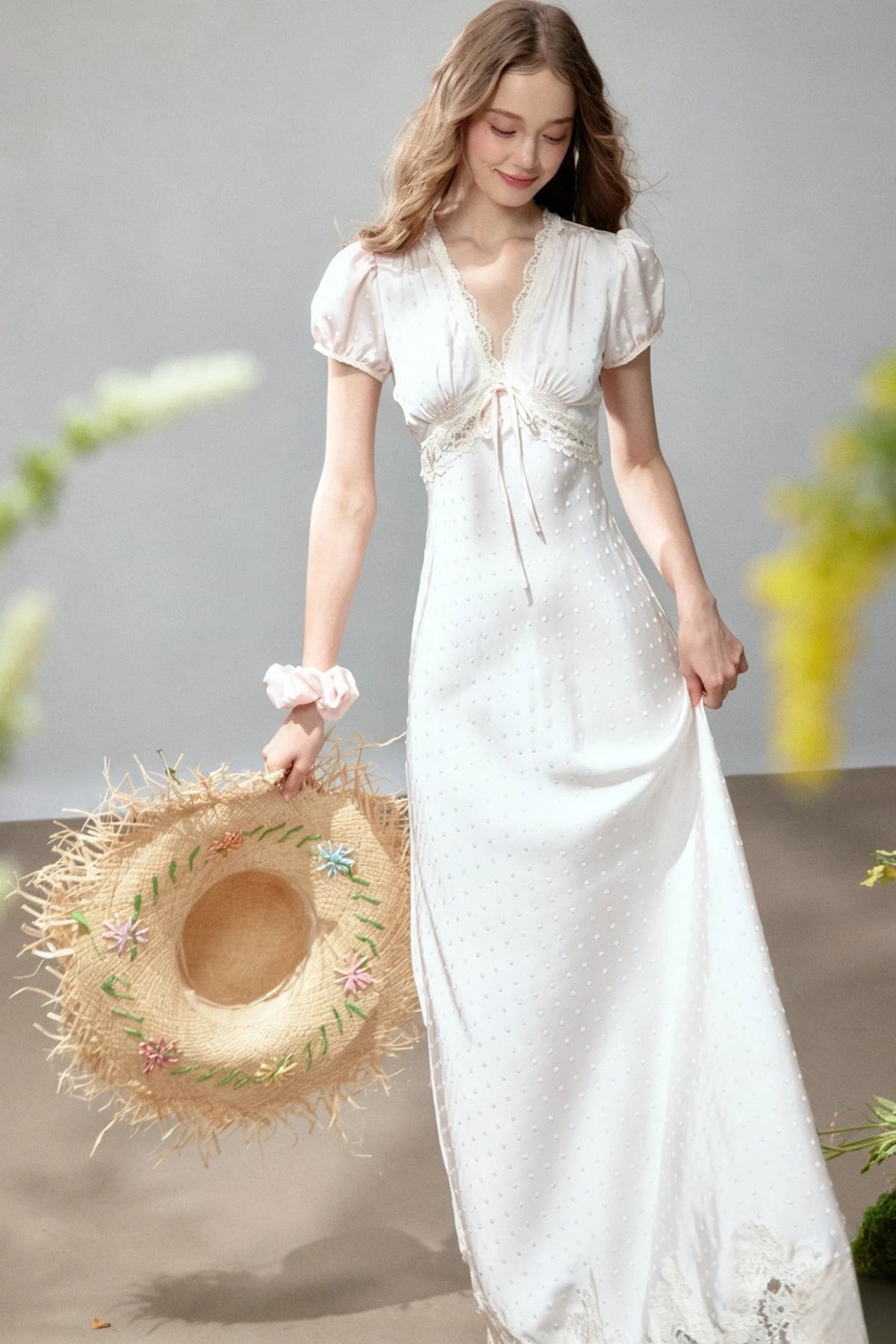 Polka Dot Satin Lace Long Dress