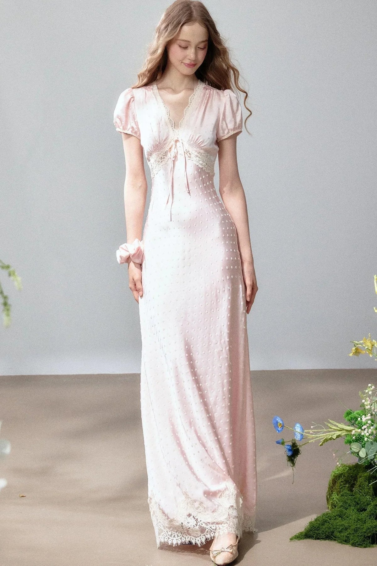 Polka Dot Satin Lace Long Dress