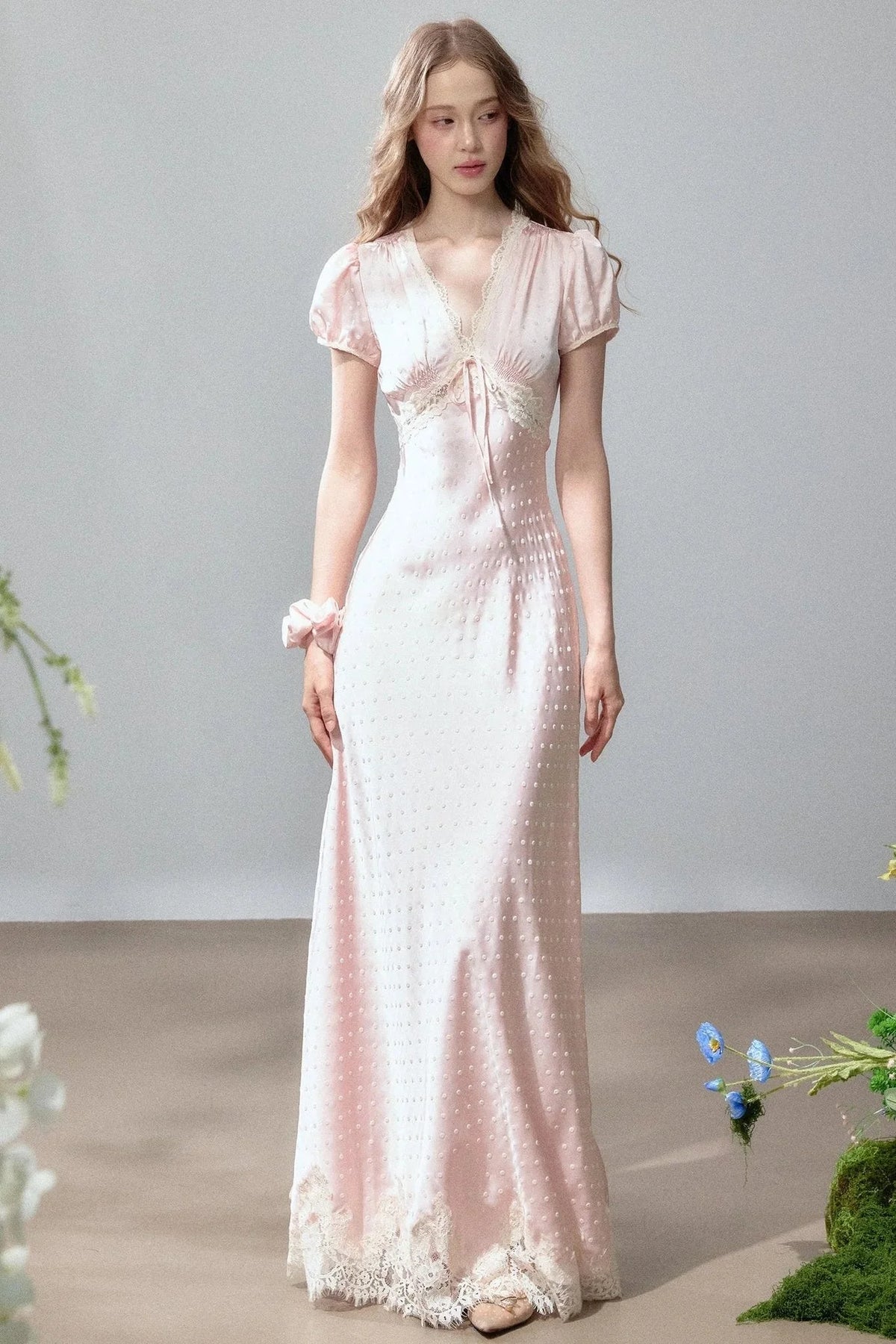 Polka Dot Satin Lace Long Dress