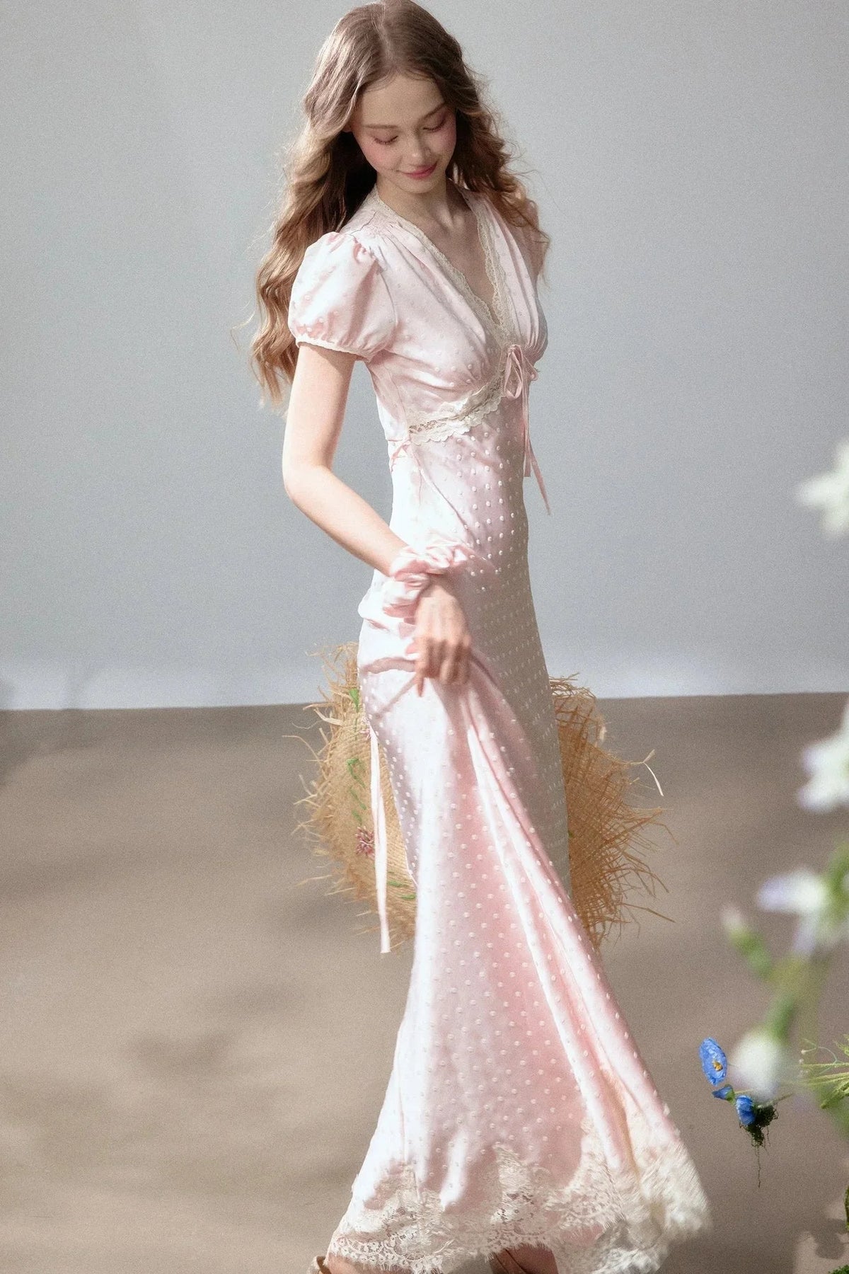 Polka Dot Satin Lace Long Dress